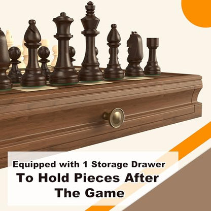 Premium Natural Walnut 13" x 13" Magnetic Wooden Chess Set with 1 Built-in Storage Drawers - 2 Bonus Extra Queens - 24 Checkers Pieces - Staunton Chess Pieces, Board Games Chess Sets - color: Brown