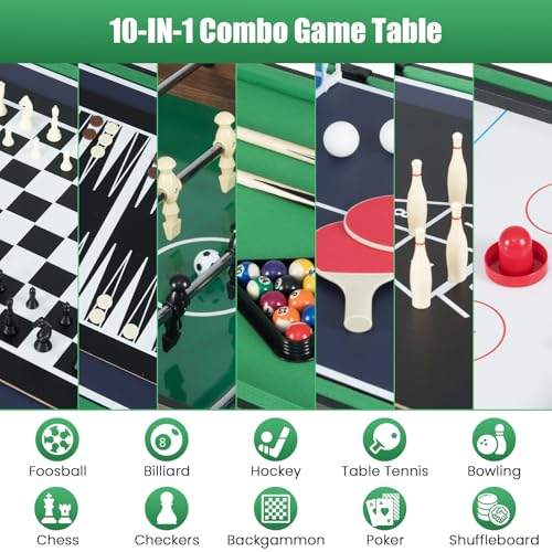 GYMAX Multi Game Table, 10 in 1 Combo Game Table w/Foosball Table, Hockey, Pool Table, Ping Pong, Shuffleboard, Bowling & 4 Board Games, Game Tables for Game Room, Home, Family - color: Wood Grain