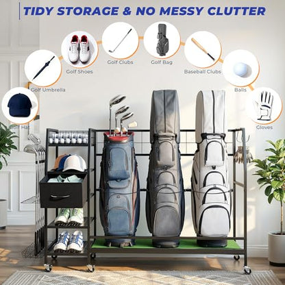 Golf Bag Organizer Storage Rack, Rolling Golf Storage Organizer for Garage, Golf Equipment Holder with Wheels, Turf Mat, Carbon Steel - size: 51.18 in (L) x 15.8 in (W) x 37.4 in (H）