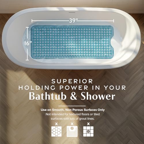 SlipX Solutions Power Grip 39x16 Bathtub & Shower Mat | Premium Non-Slip Bath Safety | Clear Aqua - color: Clear Aqua