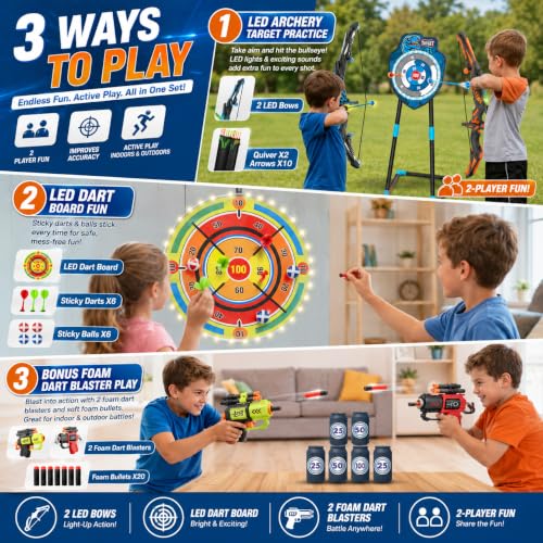 VROGTIK 2 Pack Kids LED Bow and Arrow Set with Standing Target & LED Dart Board, 20 Suction Cup Arrows, 2 Quivers, Foam Dart Toys, Indoor Outdoor Archery Toy Gift for Boys Girls Ages 3-12 - color: Blue/Green/Yellow