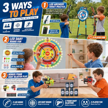 VROGTIK 2 Pack Kids LED Bow and Arrow Set with Standing Target & LED Dart Board, 20 Suction Cup Arrows, 2 Quivers, Foam Dart Toys, Indoor Outdoor Archery Toy Gift for Boys Girls Ages 3-12 - color: Blue/Green/Yellow