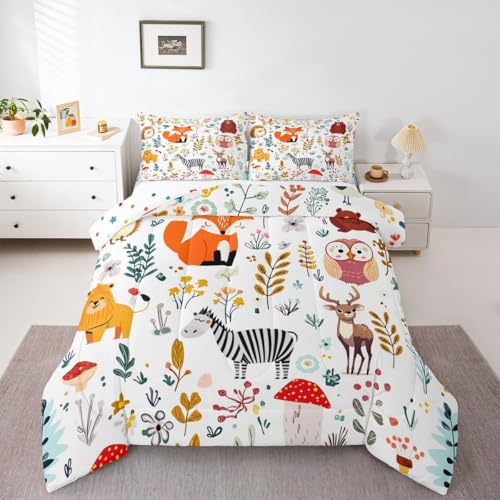 Erosebridal Kids Fox Comforter Set Twin,Cute Woodland Bear Deer Down Comforter for Boys Girls Bedroom,Cartoon Owl Lovely Animal Wildlife Bedding Sets Flower Leaves Quilt Duvet Set 2 Pcs Colorful - color: Pattern 01, size: Twin