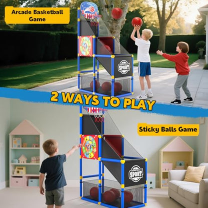 EagleStone 2-in-1 Kids Arcade Basketball Hoop with Dart Board,4 Balls Adjustable Height Basketball Toy Indoor Outdoor Carnival Games Gift for Boys Girls Toddlers Ages 3-6 Years Old,Pump Included - color: Red