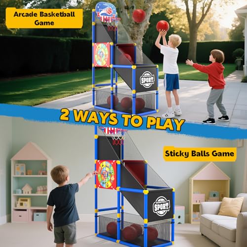 EagleStone 2-in-1 Kids Arcade Basketball Hoop with Dart Board,4 Balls Adjustable Height Basketball Toy Indoor Outdoor Carnival Games Gift for Boys Girls Toddlers Ages 3-6 Years Old,Pump Included - color: Red