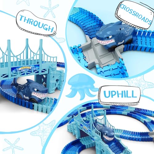Track Race Car Toys for Kids, Create A Ocean World Race Road, Flexible Tracks Playset & 2PCS Cool Shark Cars, Toddler Toys Birthday Gifts for Age 3 4 5 6 Year Old Boys Girls - color: Blue-shark