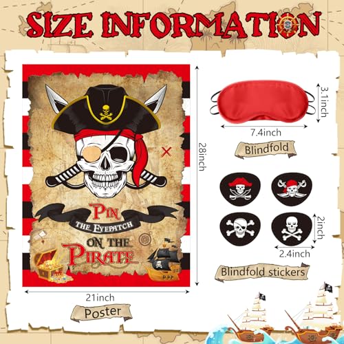 Faccito Pirate Party Games Pin The Eye Patch on The Pirates Birthday Decorations Pin Games Set Include Skull Poster 24 Stickers and Blindfold for Pirates Birthday Party Decorations Activities Supplies - style: Pirate