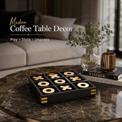 10" Large Elegant Premium Black Tic Tac Toe Board Game | Wooden Puzzle Game | Coffee Table Wooden Decor & Games | Lightweight Gold Plated Pieces