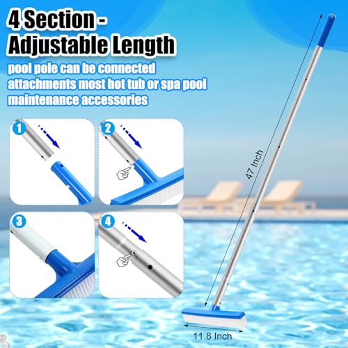 Tioncy 3 Pcs Pool Brushes Kit with 47" Pole Adjustable, 10" Pool Brush Head, Hand Scrub Brush & Scouring Sponge Pads with Aluminum Pole for Spa Hot Tub Bathroom Kitchen Home Tiles Walls Floors