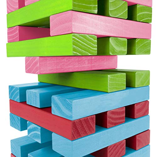 HEY! PLAY! Nontraditional Giant Wooden Blocks Tower Stacking Game with Dice, Outdoor Yard Game, for Adults, Kids, Boys and Girls (Rainbow Color) - color: Multi