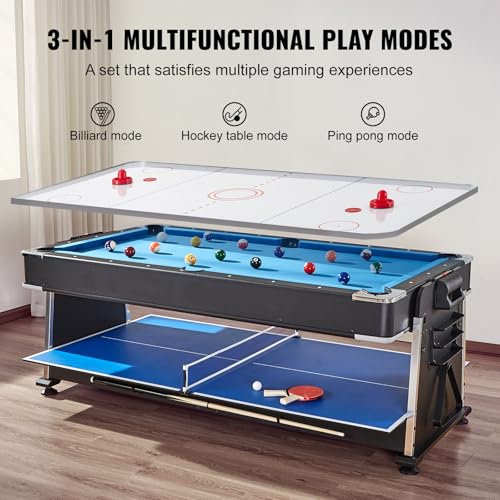Happybuy 3-in-1 Rotating Swivel Multi Game Table with Air Hockey, Billiards/Pool, and Table Tennis, 88" Gaming Table for Family Game Room, Includes All Accessories