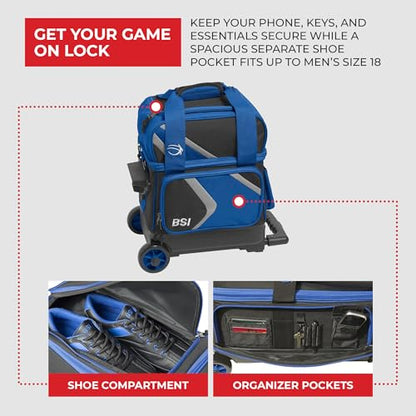 BSI Dash Roller Bowling Bag with Smooth Rolling Wheels, Padded Ball Compartment, Retractable Locking Handle, & Shoe Pocket - color: Black/Blue/Gray, style: Single