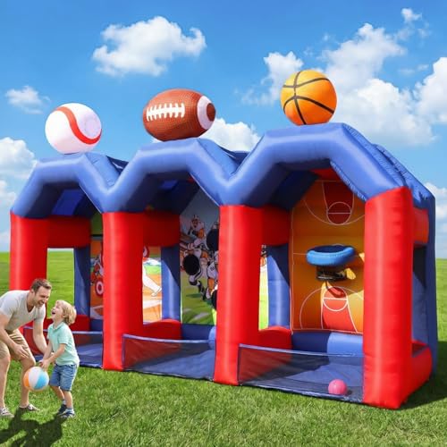 3-in-1 Inflatable Carnival Game, Basketball Football Baseball Toss Throwing Target with 750W Blower, Indoor Outdoor Interactive Blow Up Game for Lawn, Backyard, Carnival and Family Daily Gatherings