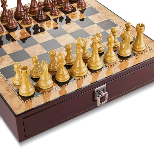 AMEROUS 17 inches Wooden Chess Set with High Polymer Weighted Chess Pieces / 2 Built-in Storage Drawers / 2 Extra Queens / 3.75'' King, Classic Board Game