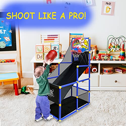 Kiddie Play Arcade Basketball Game Set for Kids 4 Balls and Hoop | Air Pump, Mesh Storage Basket, Indoor & Outdoors Sport Toys