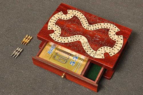 PALM ROYAL HANDICRAFTS 2 Track Cribbage Board Game Set with Magnetic Pull Drawer, Metal Pegs - Playing Cards - Storage Available, Travel Portable Cribbage Game Sets for Family. (Size - 6.5" x 4") - color: White Track