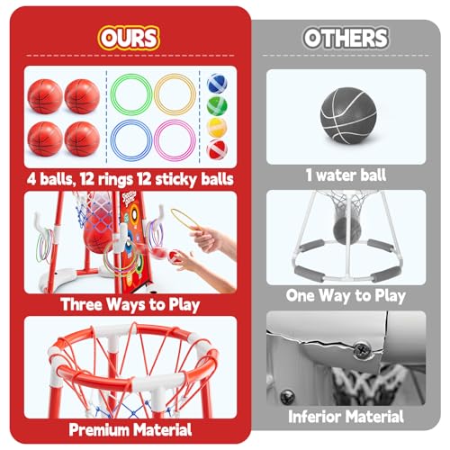 Pool Basketball Hoop for Kids Ages 4-8 & 8-12 - Floating Game Set with Water-Fillable Base, Pump, Toss Targets & Sticky Balls, Pool Games Backyard Swimming Pool Toys for Outdoor Summer Family Fun - color: Red