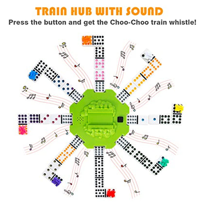 Yinlo Mexican Train Dominoes Set with Sound Effects, Mexican Train Dominoes Game for Travel, 91 Tiles Double12 Colored Dominoes Game Set with Aluminum Case - style: DOT DOMINOES with GREEN HUB