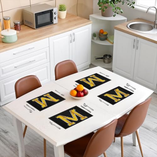 Erosebridal Initial Letter M Placemats 12x18 inch Set of 4 Baseball Monogrammed Place Mats for Dining Table | Red Lace Seam Table Place Mats Softball Sports Yellow Black Scratch Proof Placemats - color: Yellow M
