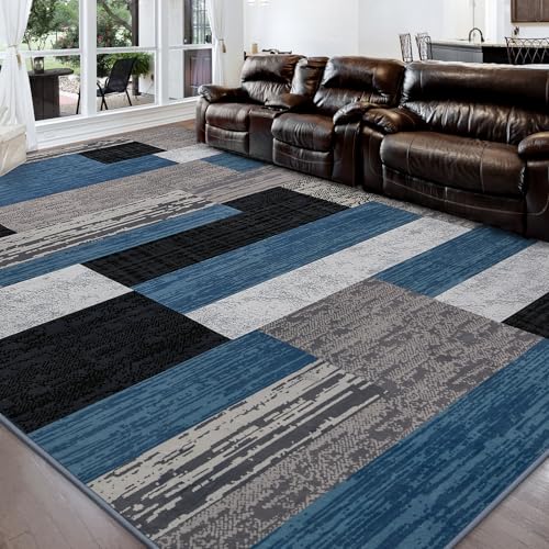 FlyDOIT Modern Geometric Patchwork Area Rug, 4x6 Blue Large Rugs for Living Room, Rockwood Collection Indoor Rugs for Bedroom, Throw Carpet Floor Decor for Entryway Dining Room Office Nursery - color: Blue, size: 4' x 6' (Rectangular)