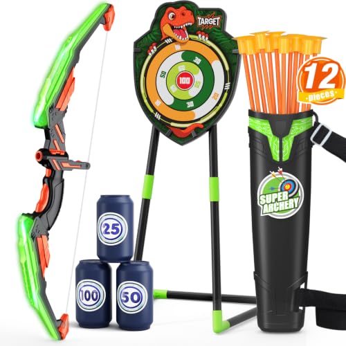 HYES Bow and Arrow for Kids, LED Light Up Archery Set with 12 Suction Cup Arrows, 1 Standing Target, 3 Score Targets & 1 Quiver, Indoor Outdoor Sport Gifts for Boys Girls Ages 4-12, Green - size: 1 pack-green standing target