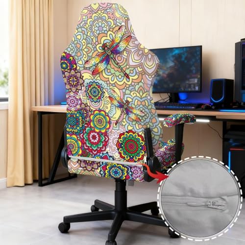Dragonfly Print Gaming Chair Covers Slipcovers Bohemian Mandala Flower Print Game Chair Cover with Armrest Covers Skin Friendly Breathable - color: Multi - Dragonfly Bohemian Mandala Flower