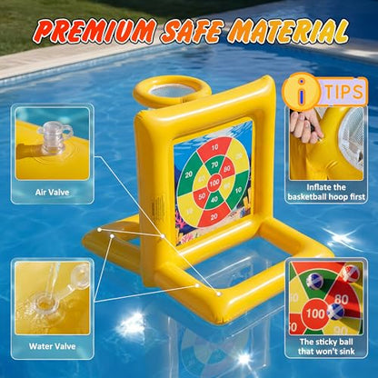 Pool Toys for Kids & Adults, 2-in-1 Pool Basketball and Dart Board Game Set, Family Summer Water Games for Kids Ages 6+ and Adults, Backyard Pool Party Games, Yellow - color: Yellow