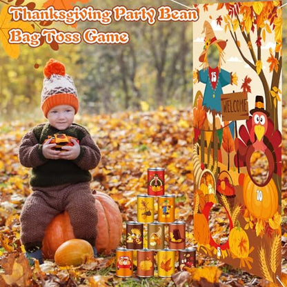 17 Pcs Fall Halloween Carnival Can Bean Bag Toss Games for Kids Thanksgiving Autumn Party Throwing Game Set with Background for Adults Indoor Outdoor Party Toy Accessory - style: Thanksgiving
