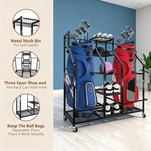 Golf Bag Storage Organizer Stand with Wheels- Heavy Duty Steel Rack Holds 2 Golf Bags with Central Storage Shelf for Golf Balls, Shoes & Accessories, Space Saving Garage Golf Club Equipment Holder