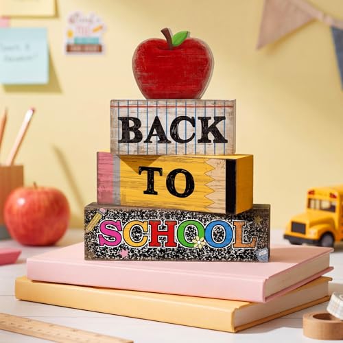 Lineshading 4 Pcs Back to School Table Decorations Retro Red Apples Decor Back to School Tiered Tray Decor Apple Centerpieces Rustic Wood Pencil Block Sign Farmhouse Gifts for Class Party Home Shelf - style: Back to School