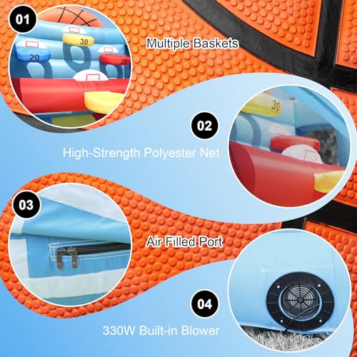 Inflatable Basketball Hoop with Built-in Blower, 9.8x9.8x9.8FT Quick-Inflate Carnival Game, Portable Basketball Shot with 4 Balls & 5 Hoops, Outdoor Indoor Backyard Party Games for Kids Adults