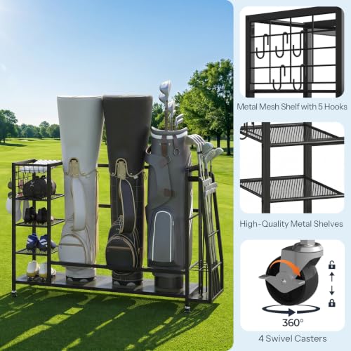 HOOBRO Golf Bag Storage Garage Organizer, Golf Bag Storage Stand Fits 3 Golf Bags and Golf Equipment Rack with Wheels, Extra Storage Rack for Garage, Club, Basement, Black BK109CJ01 - size: 55.7"L x 11.8"W x 33.5"H