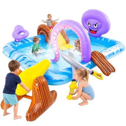 Inflatable Play Center, Inflatable Octopus Spray Pool with Base Pool, Slide, Wooden Block, Octopus Blow up Water Slides for Kids Adults Outdoor Backyard - size: 84"