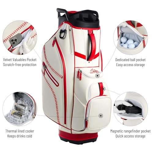 uniHimal Golf Cart Bag with 14-Way Full-Length Dividers, Premium PU Leather Golf Bag for Men Women with Plush Top, Magnetic Pocket and Rain Cover, Lightweight Golf Club Bag Includes Cooler Pockets - color: Beige Red