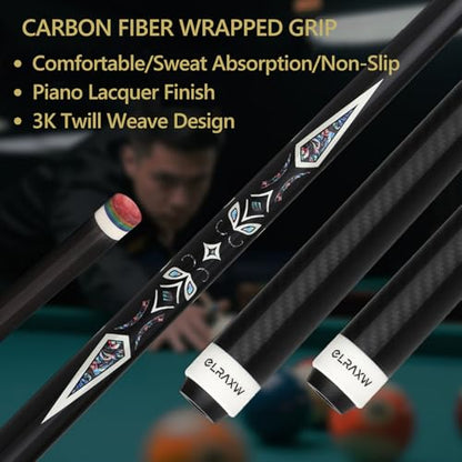Carbon Fiber Pool Cue Stick, Low Deflection Pool Stick for Adults Professional Billiard Cue Stick, Full Carbon Pro Taper Shaft with Carbon Fiber Wrapped Butt, 12.5mm Tip 19oz, 58"