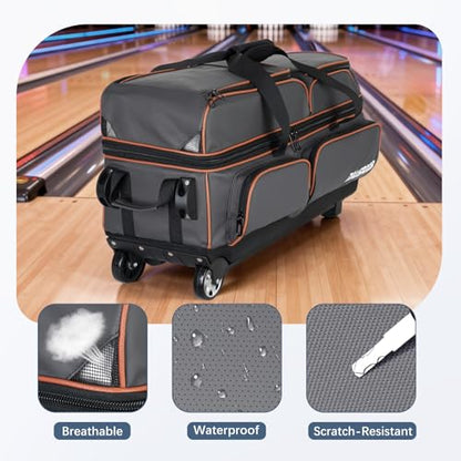 3 Ball Bowling Bags with Wheels, Bowling Bags 3 Ball Roller - 900D Oxford Waterproof PU, Bowling Bag with Multi-Separate Storage Pockets & Retractable Handle Extends to 40'' - color: Gray