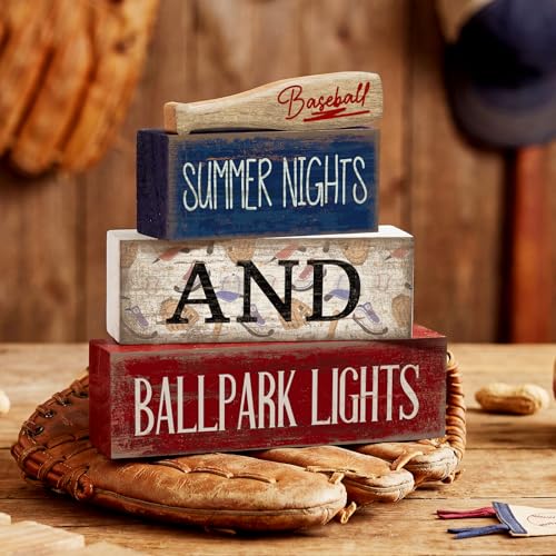 Lineshading 4 Pcs Baseball Decorations Stacked Wooden Blocks Signs with Bat Topper, Summer Nights Ballpark Lights Decor - Baseball Table Decor Ideal Gift for Fans Boys Room Party Coffee Shelf - style: Summer Nights and Ballpark Lights