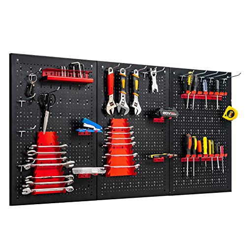 Goplus Garage Pegboard Tool Organizer, 4ft Metal Pegboard Wall Organizer w/3 Pegboards, Drill Bit Rack, Wrench Rack, Hooks Accessories, Wall-Mounted Tool Storage Peg Board for Workshop, Black - color: Black+Red
