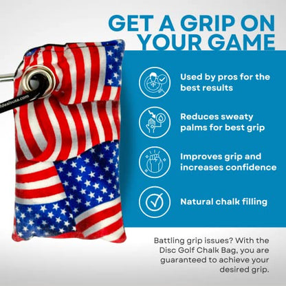 HYZER HOUND DISCS Disc Golf Chalk Bag | Dry Your Hands in the Heat of Summer | Attaches to Bag with a Carabiner | Improve Your Hand Grip for Consistency | Essential Disc Golf Accessories | Chalk - color: USA Flag