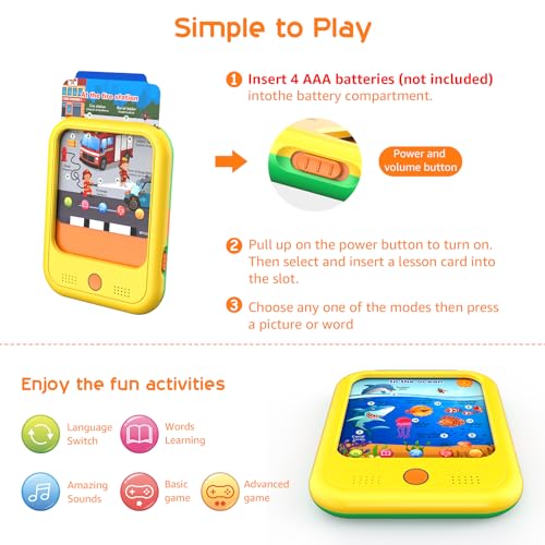 Kids Learning Tablet Educational Learning Pad for Toddlers 2-5 to Learn Alphabets, Numbers, Foods, Time, Music, Vehicles,Tablet Toy for Toddlers Ages 2 3 4 5 6 Years Old Yellow - style: Upgrade Version（20 lesson pages yellow）