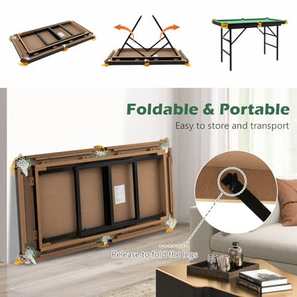 48” Mini Foldable Billiards Table, Portable Pool Game Table with 2 Cue Sticks, 16 Balls, Triangle, Chalks & Brush, Indoor Outdoor Game Table for Kids Adults, Family Game Room, Party