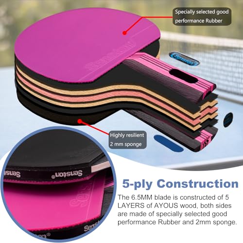 Senston 5-Ply Ping Pong Paddles Set – Premium Wood Table Tennis (Set of 2) with 3 Balls & Portable Carry Case – High-Control 2mm Sponge & Ergonomic Non-Slip Grip for Beginners & Family Play - color: Purple
