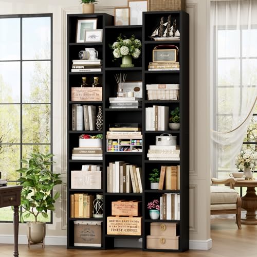 FOTOSOK 71'' Tall Bookshelf with 21 Cubes, 8 Tier Triple Wide Black Bookshelf with 8 Adjustable Shelves, 35" Large Bookcase DVD/CD Media Tower Storage, Freestanding Display Shelf Cabinet, Black - color: Black