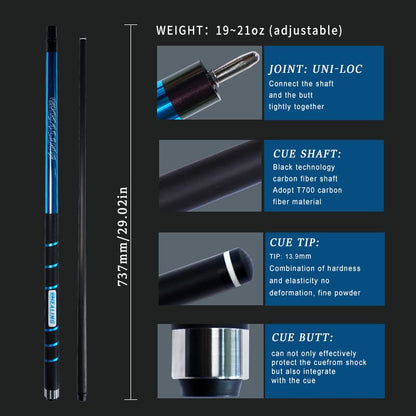 100% Carbon Fiber Shaft Billiard Cue 58" 19-21oz 1/2 Joint Carbon Fiber Pool Cue Stick 12.9mm Cue Tip - color: Blue