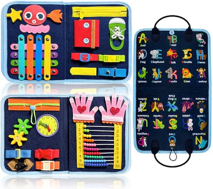 Gojmzo Busy Board Montessori Toys for Toddler Boys & Girls Gifts, Sensory Toys for Toddlers, Educational Travel Preschool Activities Learning Alphabet Count Fine Motor Skills - style: Blue/P4