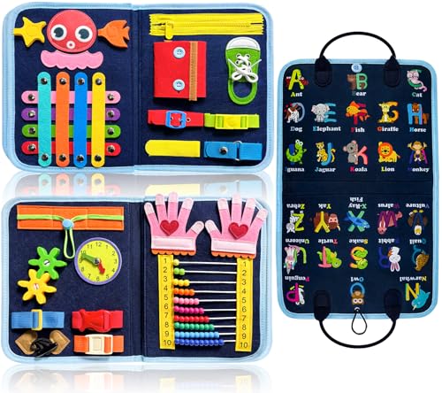 Gojmzo Busy Board Montessori Toys for Toddler Boys & Girls Gifts, Sensory Toys for Toddlers, Educational Travel Preschool Activities Learning Alphabet Count Fine Motor Skills - style: Blue/P4