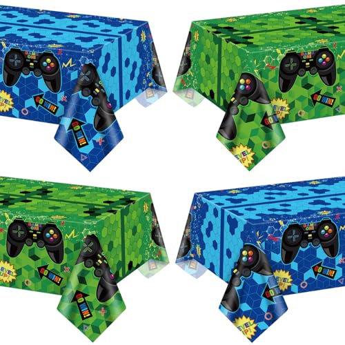 4 Pcs Video Game Party Tablecloths, 51" x 86" Plastic Disposable Table Covers Gaming Birthday Party Decorations for Boys Kids' Teens Bday Party Supplies (Green + Blue, 51'' x 86'') - color: Green + Blue