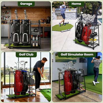TooCust Golf Bag Storage Rack for Garage – Heavy Duty Golf Organizer Fits 2 Bags with Locking Wheels, Freestanding Golf Club Rack with Shelves & Turf Mat Base for Equipment, Shoes, Accessories