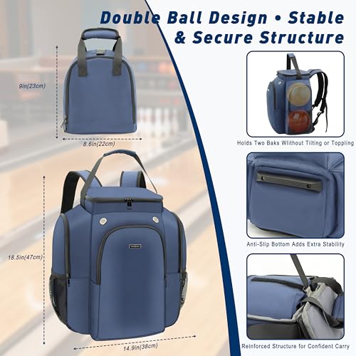 2-Ball Bowling Backpack with Shoe Storage – Heavy Duty Padded Travel Bag - color: Navy