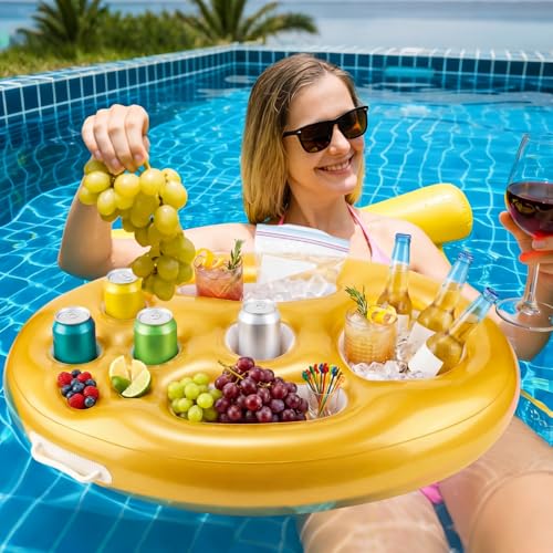 4 Pcs Inflatable Floating Drink Holder for Pool Party Drink Tray Holders with Storage Holes Portable Water Float Caddy for Summer Beach Beverages Wine Fruits Pool Parties